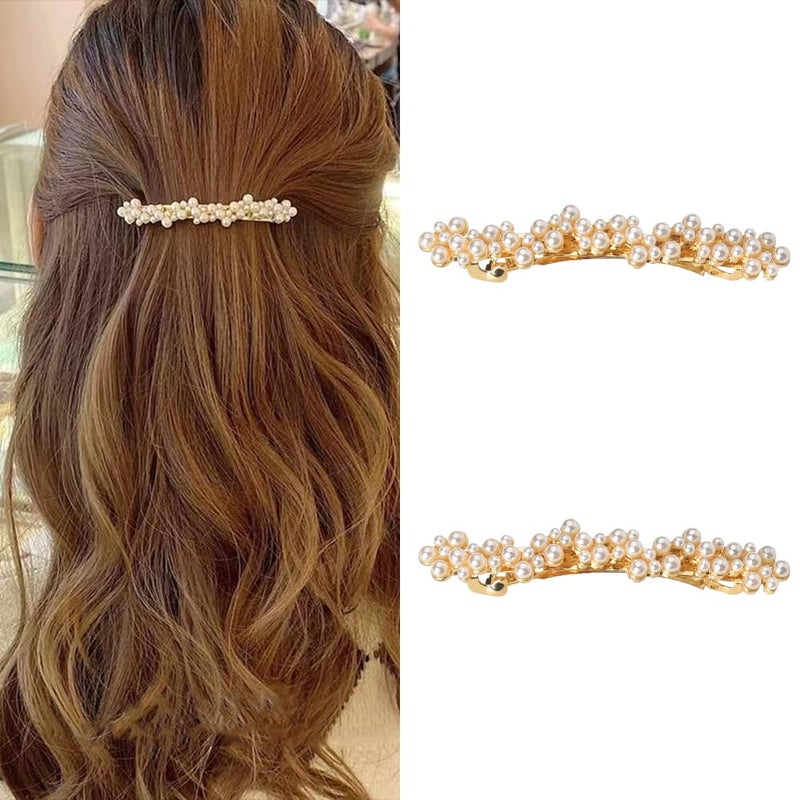 Kefley Pearl Hair Clips Barrettes for Women Elegant French Barrettes for Thin Thick Hair Small Gold Barrette Clips Hair Pins Hairpins Decorative Pearl Wedding Bridal Hair Clip for Women 2 PCS - Image 1